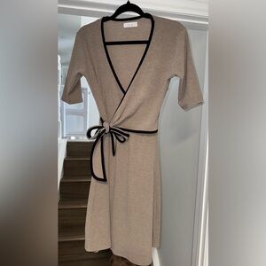 OAK + FORT Tan Wrap Dress with Black Trim